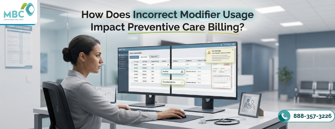 How does incorrect modifier usage impact preventive care billing?